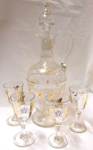 Antique Bohemian Moser Crystal Art Glass Gilt & Enamel Decanter & 4 Glasses photo