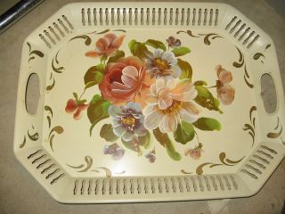 Antique Handpainted Toleware Metal Tray Ivory Color photo
