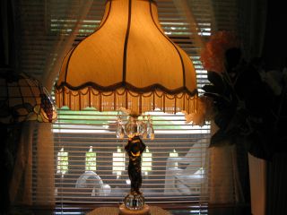 Vintage Brass Ornate Lamp With Cherub And Hanging Crystals,  With Fringed Shade photo