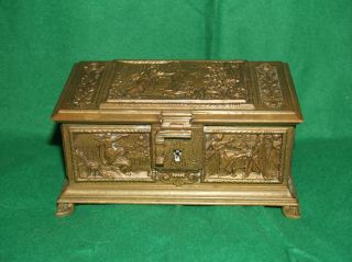 Antique Bronze/brass Jewelry Dresser Box Marked Kw Velvet Lined photo