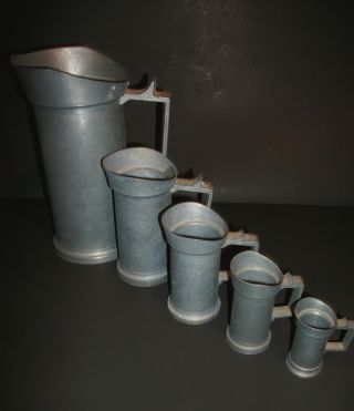 Awesome Vintage 5 Pc.  Set Pewter Measures W/ Pouring Spouts Circa 1900 Signed photo