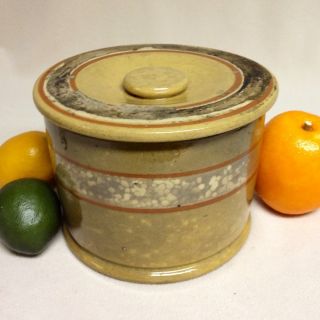 Antique Stoneware: Rare Banded Yellow Ware Butter Crock W/ Lid,  Ca.  1880 photo
