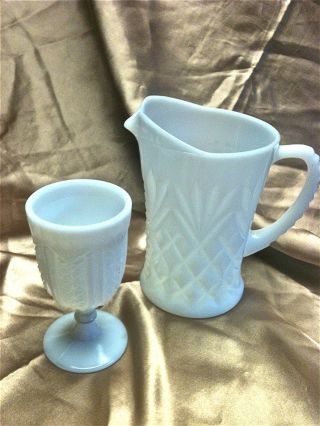 Vintage Antique White Milk Glass Pitcher And Glass Lot photo