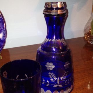 Cobalt Blue Cut To Clear Water Decanter,  Stopper And Tumbler photo