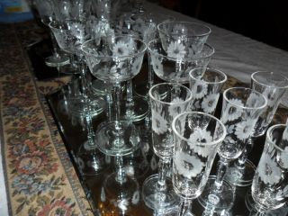 Vintage Crystal Etched Stemware Liquor Wine Cordial Glasses Lot 22 Pieces photo