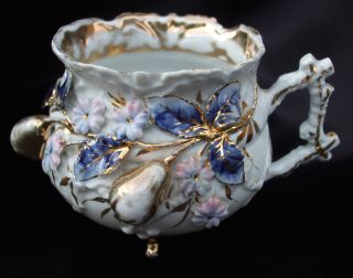 Rare Antique Cup Applied Encrusted Flowers Meissen Cobalt Gold Victorian Dresden photo