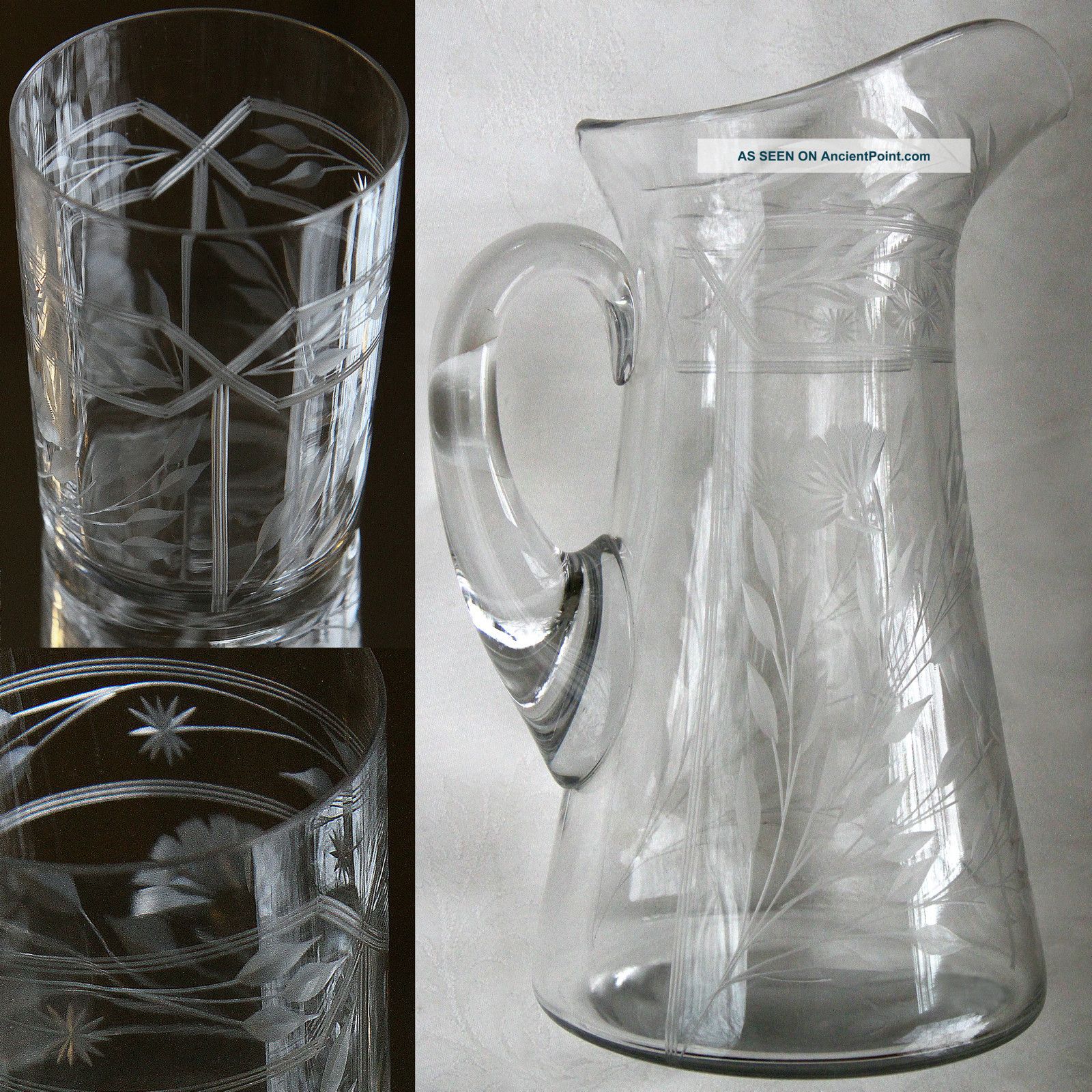 Antique Etched Lrg.  Crystal Pitcher + 4 Glasses Set_no Flaws_handblown_egyptian Pitchers photo