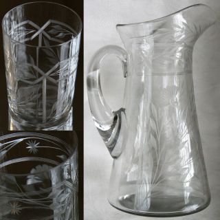 Antique Etched Lrg.  Crystal Pitcher + 4 Glasses Set_no Flaws_handblown_egyptian photo