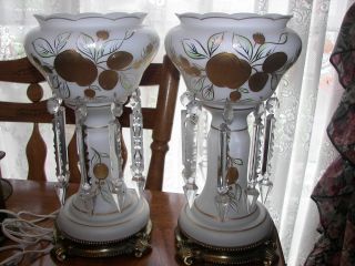Antique Pair Electric Mantel Luster Lamps Hand Painted 15 1/4 
