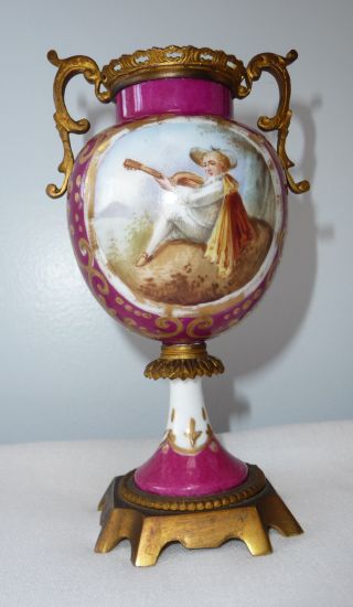French Sevres Style Urn W/ Lute Player,  Gold Trim,  Metal Mounts,  6 