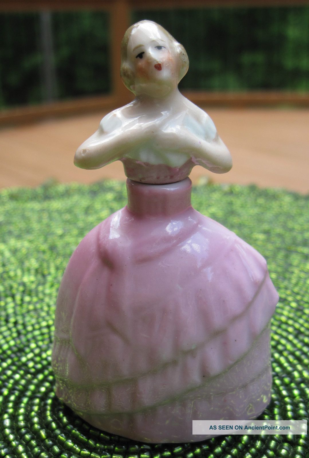 Antique Porcelain Pretty Lady Figurine Perfume Bottle Germany Pink Dress Perfume Bottles photo