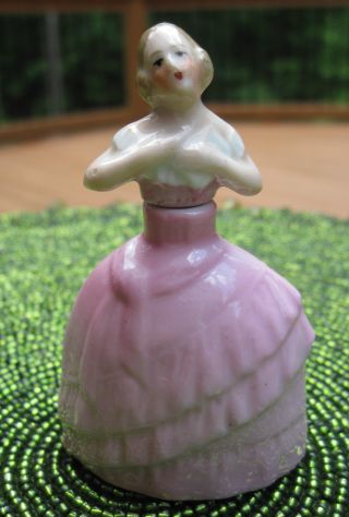 Antique Porcelain Pretty Lady Figurine Perfume Bottle Germany Pink Dress photo