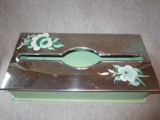 Vintage Toleware Tissue Box,  Green With Silver Hand Painted Floral Top photo