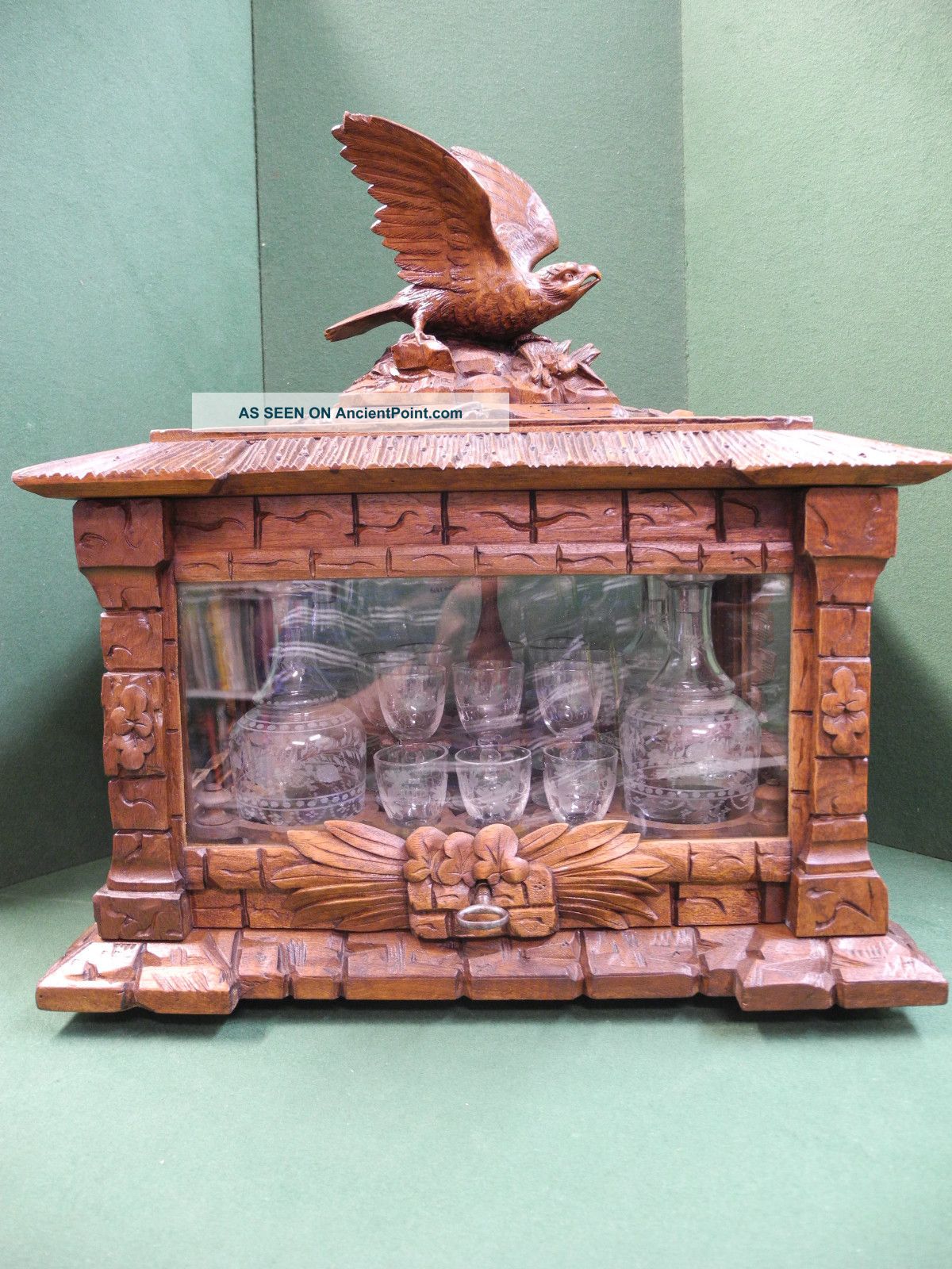 Incredible Black Forest Tantalus Set With Carved Bird On Lid Circa 1850 Decanters photo