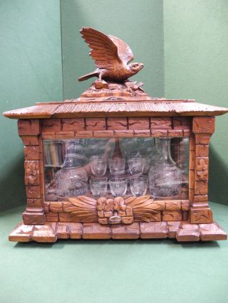 Incredible Black Forest Tantalus Set With Carved Bird On Lid Circa 1850 photo