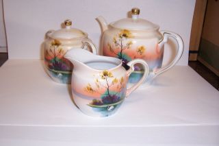 11 Pc Shofu Handpainted Tea Set Cups Saucers Teapot Sugar Occupied Japan Swan photo