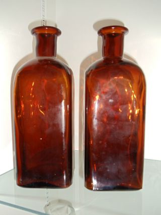 Pair Antique European Art Glass Amber Colored Carafe Decanters photo