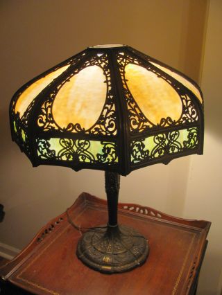 Antique Edward Miller & Co.  16 - Panel Curved Slag Glass & Iron Table Lamp - 18 