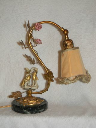 Antique 1914+ French Gilt Boudoir Tole Lamp W/goebel Porcelain Figurine photo