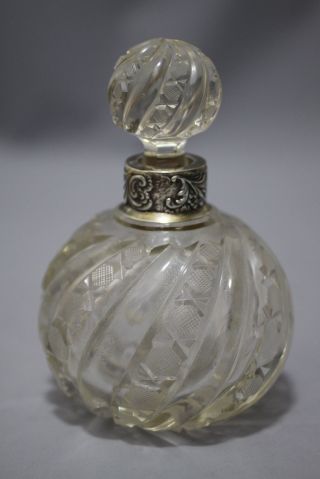 Antique English Sterling Silver Collar Swirl Cut Glass Perfume - Cologne Bottle photo