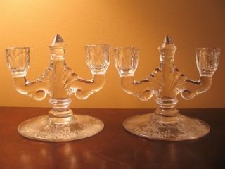 Antique Heisey Orchid Etched Trident Double Candle Holders Pair.  (2) Mint Cond. photo