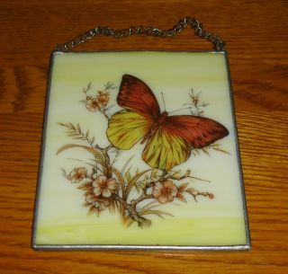 Handcrafted Butterfly & Floral Painting On Glass Wall Hanging Antique photo