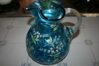Antique Victorian Thumbprint Pretty Blue Pitcher W Hand Painted Flowers photo