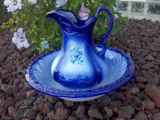 Blue Pitcher And Bowl Set Made By Ironstone Usa photo