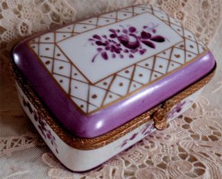 Hand Painted Hinged French Porcelain Box,  Ormolu Mounts,  Pretty Lavender Floral photo