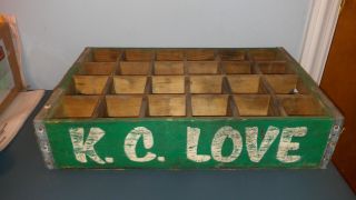 Vintage 1970s Chic Shabby Green Kc Love Wood Wooden Soda Bottle Pop Crate Crates photo