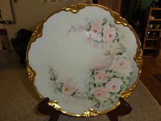 Antique Large Plate Hand Painted Soft Pink Roses - Thick Gold Border - Germany photo
