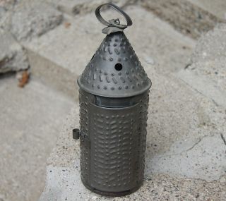 Antique Pierced Tin Paul Revere Type Candle Lantern ~ Very Solid & Unique photo