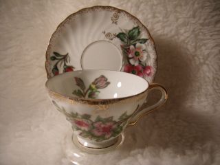 Red Burgandy & White Flowers Floral Cup & Saucer Set All Trimmed In Gold photo