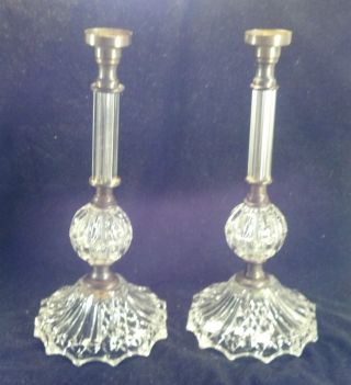 Pair 2 Antique Pressed Glass Brass Candlestick Matching Lamp Bases photo