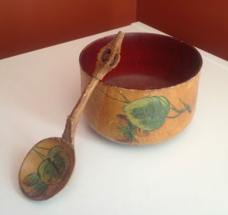 Swedish Wooden Bowl & Spoon Hand Painted Made In Sweden Antique Vintage 1900 ' S photo