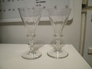 2 Antique 18th Century Double Wafer Stem Paneled Wine Glasses photo