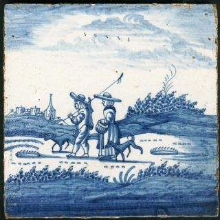 Antique Delft Tile With Hunter With Hare,  18th Century. photo