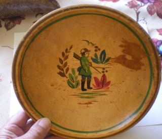 Antique Wood Bowl Painted W Hunter Or Soldier W Gun photo
