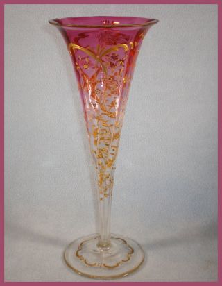 Antique Cranberry Trumpet Vase W Golden Accents 12 Inches High Art Glass photo