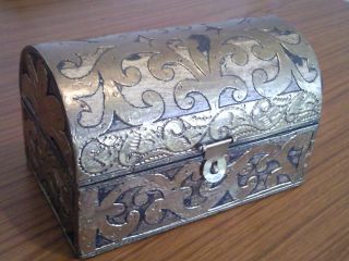 Antique / Hand Crafted Wooden Treasure Chest Covered In Brass / India photo