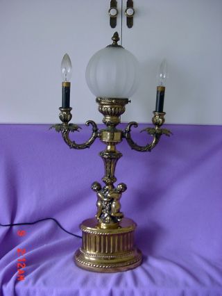 Antique Brass And French Metal Table Foyer Dresser Lamp W Puti And Candle Lights photo
