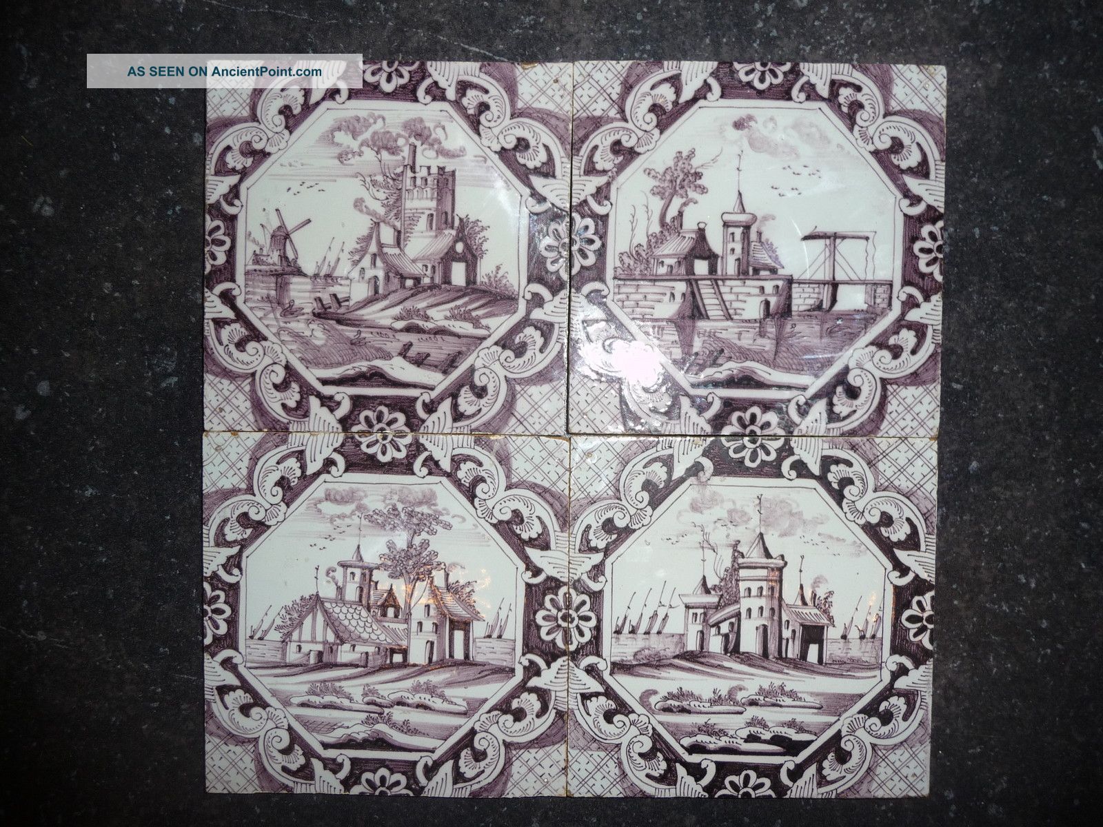 Set Of 4 Antique Delft Manganese Landscape Tiles,  18th Century. Other photo