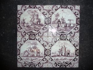 Set Of 4 Antique Delft Manganese Landscape Tiles,  18th Century. photo