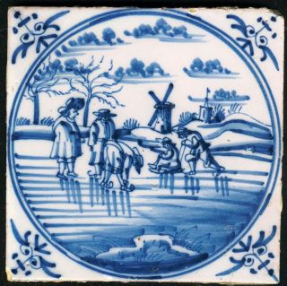 Antique Delft Tile With Skating Scene,  18th Century. photo