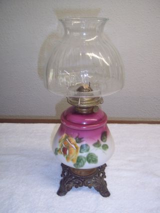Antique Oil Lamp W Hand Painted Flowers photo