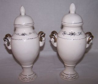 Pair Atq.  Neoclassical Porcelain Lidded Jar Urn Gold Rams Head Handles Unmarked photo