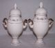Pair Atq.  Neoclassical Porcelain Lidded Jar Urn Gold Rams Head Handles Unmarked Jars photo 2