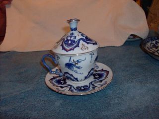 Hand Painted From Bombay With Blue And Gold Trim Teacup Saucer With Lid photo