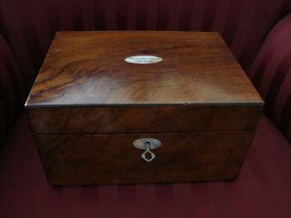 Antique Burled Oak Presentation Document Box W/ Mother Of Pearl Plaque & Key photo