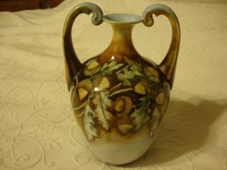 Double Handle Antique Porcelain Vase Fall Decor W Tree Acorns Leaves photo